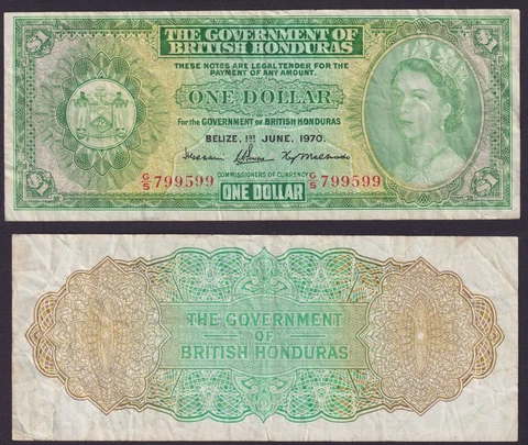 British Honduras * 1 Dollar 1970 * Belize * F/VF * P-28c * QEII Cover