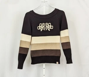 Vintage 90s Sweater Brown Tan Stripe Cream Crew Neck Cotton Juniors Size L - Picture 1 of 5