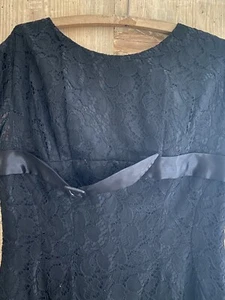 Vintage French BLACK BROCADE LACE belted DRESS c1960 - Picture 1 of 12