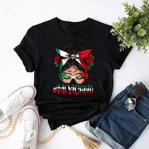Mexicana Girl Messy Bun Viva Mexico Mexican Independence Day T-Shirt - Picture 1 of 22