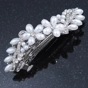 Bridal Wedding Prom Silver Tone Glass Pearl, Crystal Floral Barrette Hair Clip - Picture 1 of 4