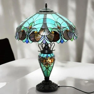 18" Art Deco Tiffany Stil Buntglas Tischlampe mit Dual Leuchtfuß Lampe - Bild 1 von 2