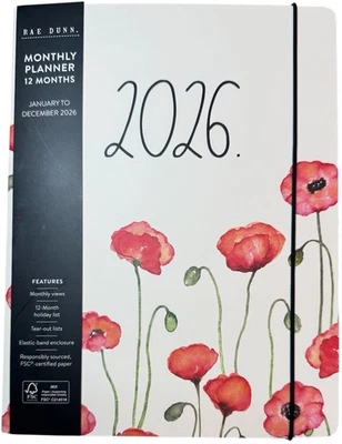 RAE DUNN 2026 Monthly Calendar Planner White Red POPPY FLORAL Size 9.75 X 7.5”