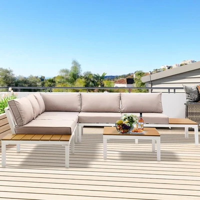 6Pcs L-Shaped Furniture Set Aluminum Sectional Sofa Plastic Wood Side Table - Image 1 of 4