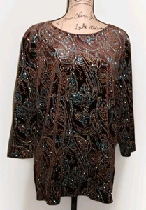 Coldwater Creek - Beautiful Brown Glittered Paisley Velour Tunic - Women's XL - Picture 1 of 4