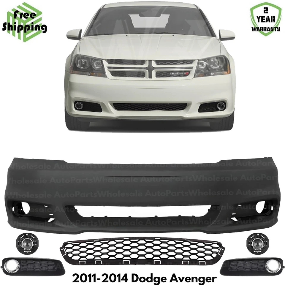 Front Bumper Cover Primed Plastic & Fog Lights Kit For 2011-2014 Dodge Avenger - Image 1 of 4