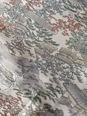 Vintage Japanese Kimono Silk Fabric, light gray crepe with Garden 170cm(67") - Image 1 of 4
