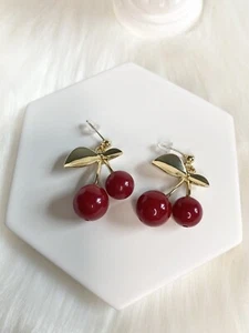 Cherry Drop Earrings Cute Lovely Statement Earrings Red Gold Gift New - Picture 1 of 2