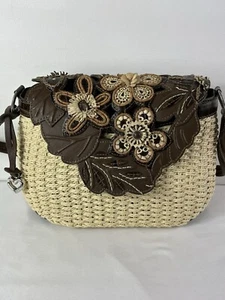 Borsa a mano Brighton Cassia Nat in pelle floreale borsa intrecciata marrone avorio con cover bag - Foto 1 di 23