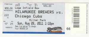 Biglietto MILWAUKEE BREWERS vs Chicago Cubs 28/08/2011 Corey Hart Carriera HR #119 - Foto 1 di 1