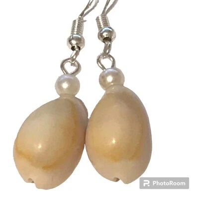 Natural Cowrie Shell Earrings Pearl Silver Plated White Glass Bead Island Beach - Image 1 of 4