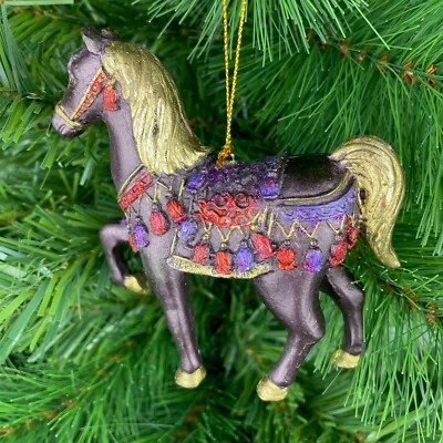 Baumschmuck wunderschönes Pferd in aubergine-gold verziert mit lila-rot 11 cm - Bild 1 von 4
