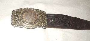 Vintage 1885 Dollarschnalle/6 Half Dollar Münzen/42" schwarzer Ledergürtel/Nickelsilber - Bild 1 von 9
