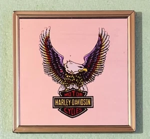 Harley Davidson Wall Mirror Bar Shield Eagle Color Brass Framed, 4" x 4" Vintage - Picture 1 of 4