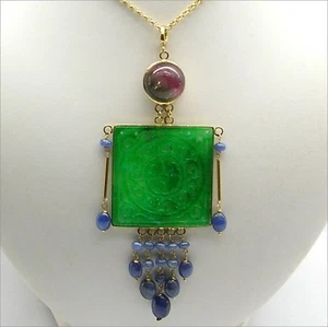 Colgante De Oro Amarillo 18 KT Con Jade Verde Turmalina Y Zafiros OGDV 072 - Imagen 1 de 3