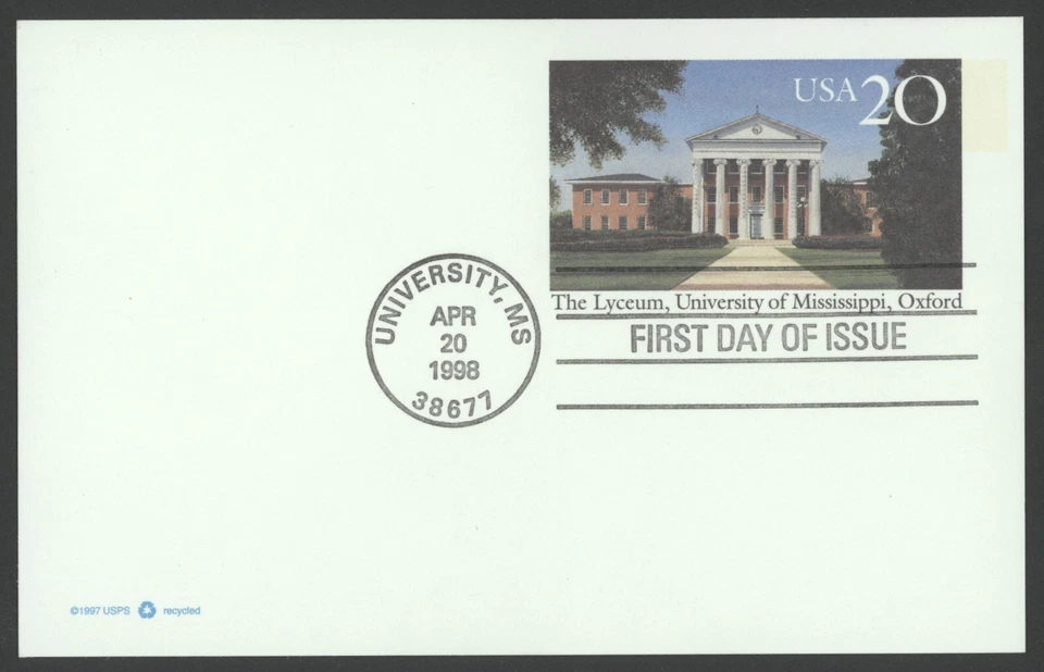 1998 US Scott #UX290 20c University of Mississippi Postal Card, FDC - Image 1 of 1