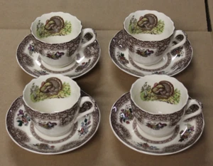 RARE 4 Spode England Thanksgiving Brown Multicolor Turkey Cups and Saucers MINT - Picture 1 of 5