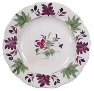 Soft Paste Plate Red Flower Green Purple Leaves Hand Painted Antique 9in. - Picture 1 of 5