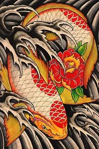 Life's Journey Japanese Koi Fish Tattoo Flowers Waves Fine Art Print Clark North - Picture 1 of 2