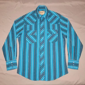 Wrangler Shirt Mens Medium Blue Black Striped Western Pearl Snap Long Sleeve - Picture 1 of 12