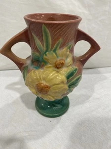 Roseville Keramik, Pfingstrose 168-6, Doppelgriff 6" rosa Vase um 1942 - Bild 1 von 6