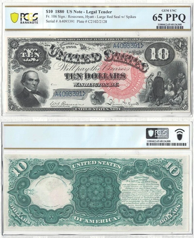 Billete de 10 dólares de 1880 Fr-106 PCGS gema CU-65 PPQ Foto 1 de 1