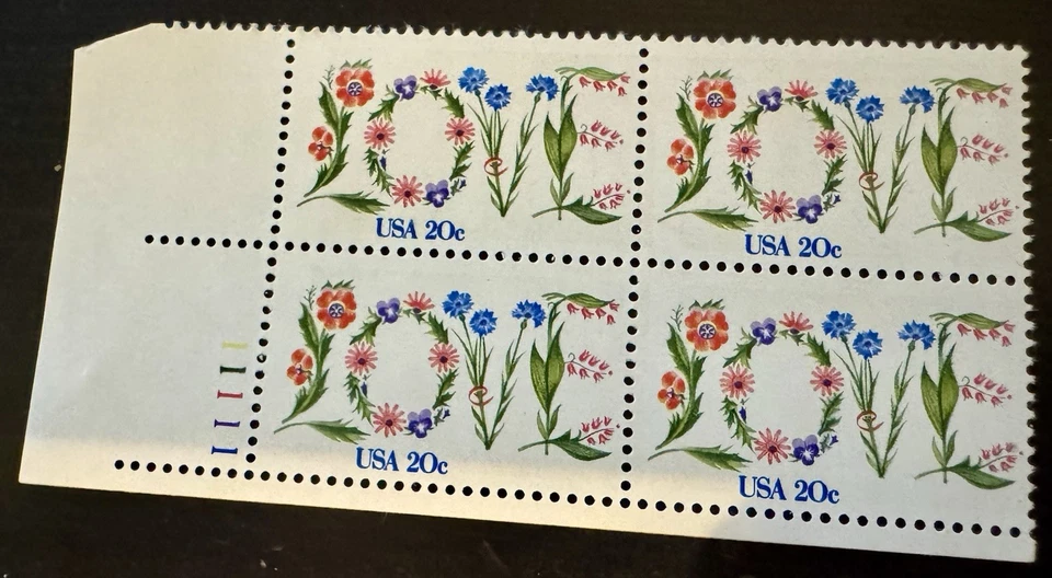 1982 20¢ LOVE Flower Stamps Plate Block of 4 – Bright Color – MNH - Image 1 of 1