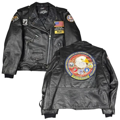 Chaqueta de cuero vintage para mujer 2XL parches negros motocicleta motociclista POW MIA veterano Foto 1 de 4