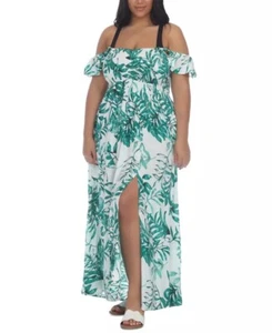 Raviya GREEN Plus Size Floral-Print Smocked-Bodice Maxi Dress Cover-up, US 1X - Picture 1 of 3