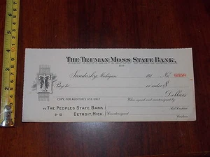 RARO CHEQUE EN BLANCO VINTAGE TRUMAN MOSS STATE BANK SANDUSKY MICHIGAN PEOPLE #3 - Imagen 1 de 2