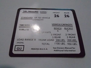 1972 Reproduction Chevy Tire Pressure Decal - Bild 1 von 1