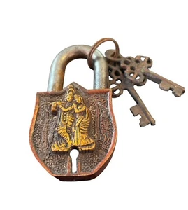 Candado de latón Radha Krishna llave OM OHM aspecto antiguo buena suerte ISKON - Imagen 1 de 2