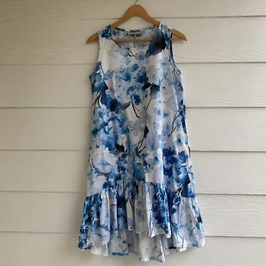 Bryn Walker Angelita Fiori Blue Floral Dress Hi Low Ruffled Hem Sz S  Pockets - Picture 1 of 13
