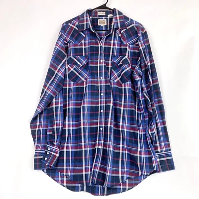 Vintage Ely Cattleman Tall Man Plaid Blue Red Rodeo Western Pearl Snap Shirt LT - Image 1 of 4
