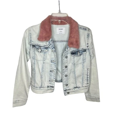 Old Navy Girls Jean Jacket Acid Wash Large 10/12 Fleece Collar Very Stylish! - Image 1 of 4