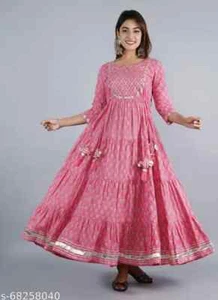 Vestido largo cómodo rosa acampanado Rayon Anarkali Kurta para mujer kurtiMaxi - Imagen 1 de 5