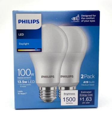 Philips A19 E26 (Medium) LED Bulb Daylight 100 Watt Equivalence 2 pk - Image 1 of 4