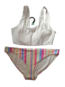 F&F UK 20/22 White Top/Multi Striped Bottoms Removable Pads Crop Top/Bikini Set - Picture 1 of 3