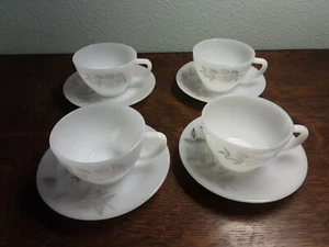 Vintage Federal Milk Glass Cup & Saucer Pink Clover Blossom Heat Proof Set of 4 - Picture 1 of 3