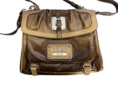 GUESS HANDBAG PURSE BAG PATENT LEATHER BROWN OMNRE  WITH SILVER SHINY FAUX - Image 1 of 4