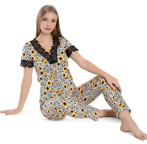 Womens Pajama Set 2 Piece Large Sunflower Slim Fit PJs Lounge Wear Lace Trim New - Picture 1 of 6