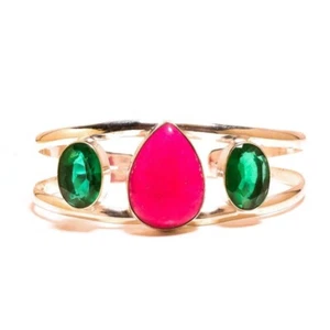 Brazalete Brazalete Abierto de Piedras Preciosas de Cuarzo Esmeralda Rosa Aventurina con Piedras Preciosas Hecho a Mano - Imagen 1 de 3