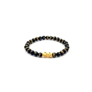 24K Gold Piyao Pixiu Lucky Charm Bracelet Gemstones Onyx Carved Dragon 6mm - Picture 1 of 3