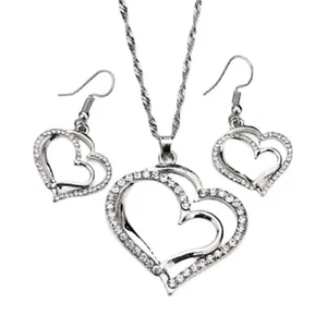 Womens Heart Jewelry Set of 3 Silver Tone Rhinestone Necklace Bracelet Earrings - Picture 1 of 7