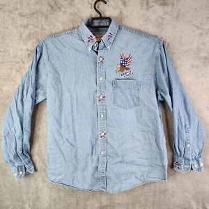 Men's Vintage High Sierra Denim Jean Shirt Blue Embroidered Flag & Eagle Size M - Picture 1 of 10