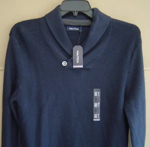 MAGLIONE PULLOVER NUOVO CON ETICHETTE $90 NAUTICA uomo M collo scialle bottoni blu navy COTONE S63408 - Foto 1 di 4