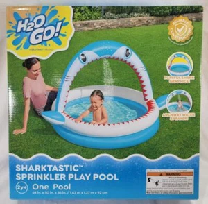 H20 Go! Sharktastic Paddling Pool w Water Sprinkler 64" x 50" x 36" Summer Fun - Picture 1 of 4
