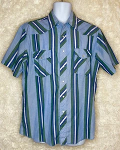 VTG Rustler X-Long Tail Lg Pearl Snap Short Sleeve Western Shirt Blue Gray M6 - Picture 1 of 7
