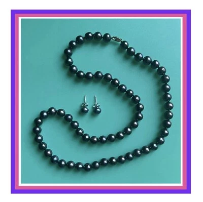 Ross-Simons 14K Gold Clasp 18" Black Cultured 6.5-7mm Pearl Necklace & Earrings - Image 1 of 4