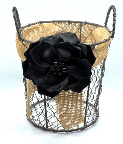 Chicken Wire Round Basket Burlap Black Floral Embellish w/ Handles 6" Shabby Cover